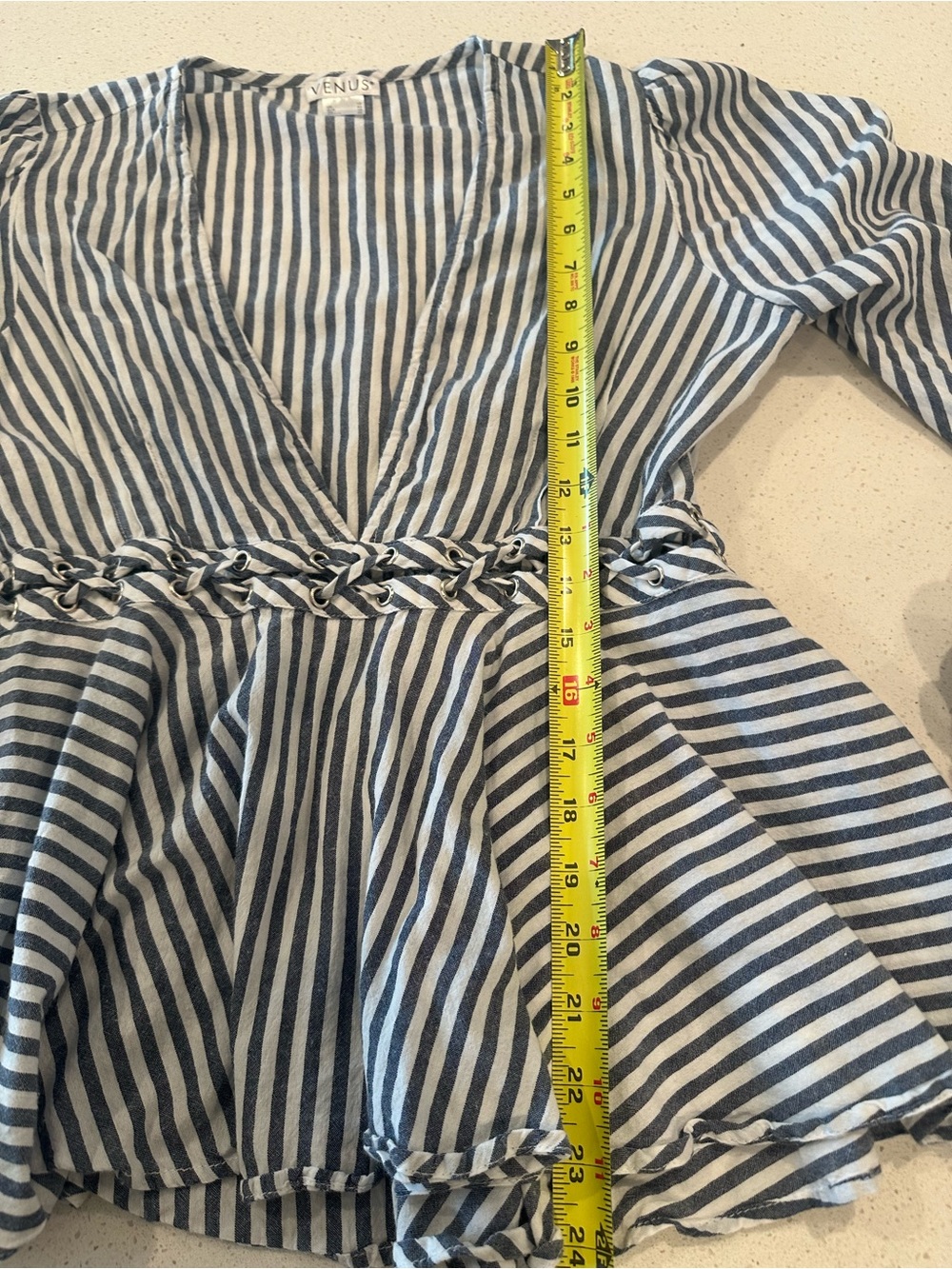VENUS Navy & White Striped V-Neck Peplum Blouse FITS LIKE A 6 - Picture 4 of 13